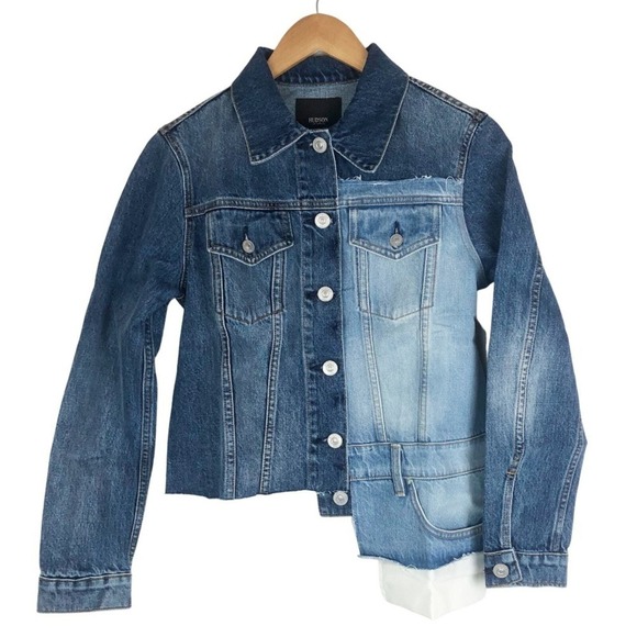 Hudson NWT Spliced Trucker Deconstructed Denim Jacket Patchwork Blue Distressed - Picture 3 of 8